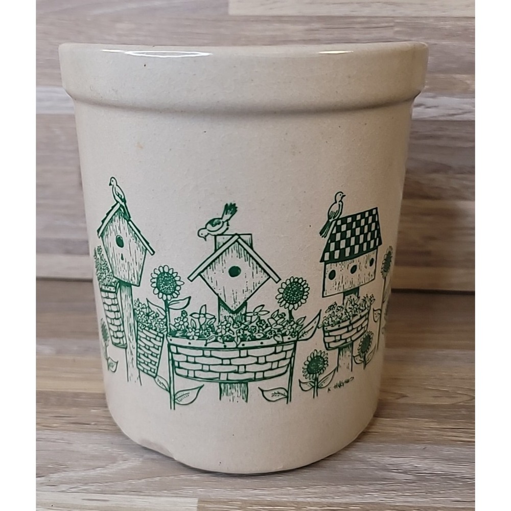 RRP Co Roseville Ohio 1 Quart‎ High Jar Crock Green Bird Houses Art Pottery